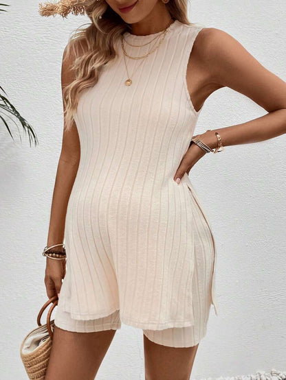 Maternity 2-Piece Striped Camisole and Shorts Set High Stretch Round Neck Side Slit Casual Summer Lounge Outfit