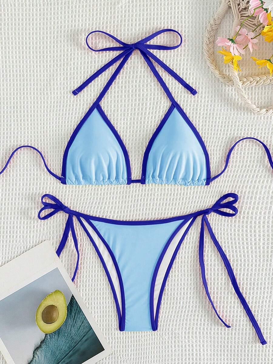 Swim Vcay Women's Summer Beach Contrast Color Halter Tie Sexy Bikini And Triangle Panty Swimwear Set Blue Bikini Yacht Party Outfit Vacation Bikini Boat Party Outfit Women Tie Side Bikini Triangle Bikini Set Light Blue Bikini