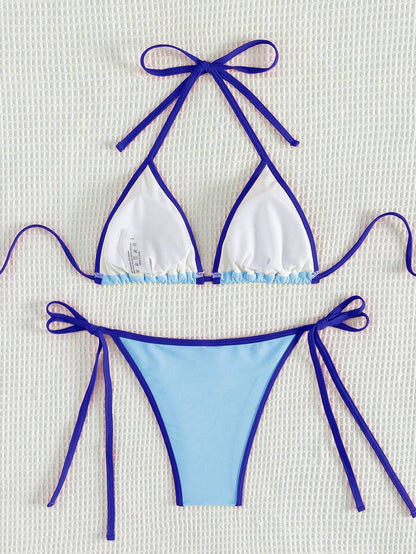 Swim Vcay Women's Summer Beach Contrast Color Halter Tie Sexy Bikini And Triangle Panty Swimwear Set Blue Bikini Yacht Party Outfit Vacation Bikini Boat Party Outfit Women Tie Side Bikini Triangle Bikini Set Light Blue Bikini