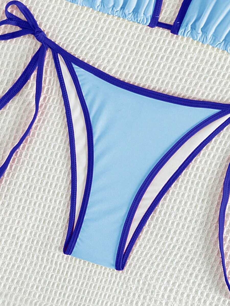 Swim Vcay Women's Summer Beach Contrast Color Halter Tie Sexy Bikini And Triangle Panty Swimwear Set Blue Bikini Yacht Party Outfit Vacation Bikini Boat Party Outfit Women Tie Side Bikini Triangle Bikini Set Light Blue Bikini
