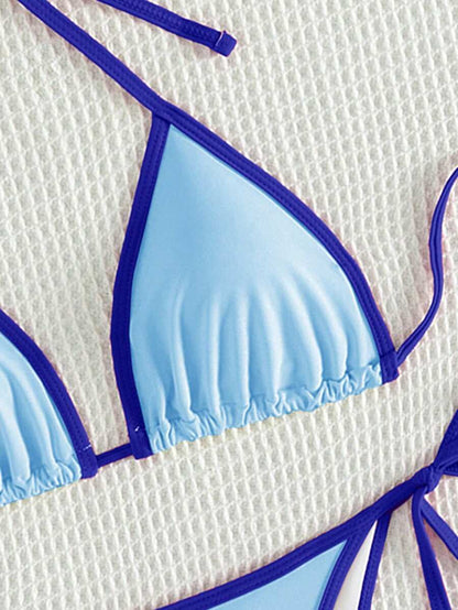 Swim Vcay Women's Summer Beach Contrast Color Halter Tie Sexy Bikini And Triangle Panty Swimwear Set Blue Bikini Yacht Party Outfit Vacation Bikini Boat Party Outfit Women Tie Side Bikini Triangle Bikini Set Light Blue Bikini