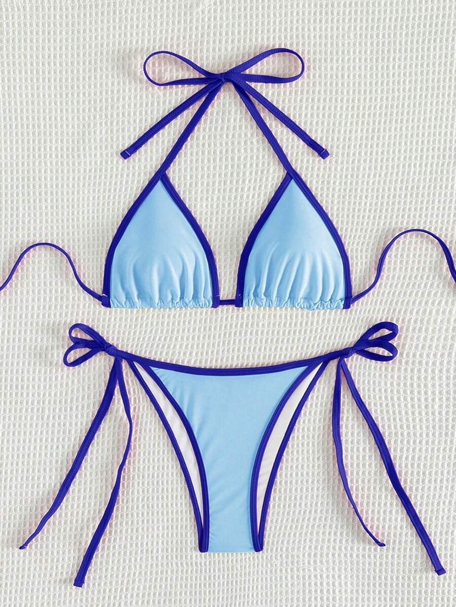 Swim Vcay Women's Summer Beach Contrast Color Halter Tie Sexy Bikini And Triangle Panty Swimwear Set Blue Bikini Yacht Party Outfit Vacation Bikini Boat Party Outfit Women Tie Side Bikini Triangle Bikini Set Light Blue Bikini