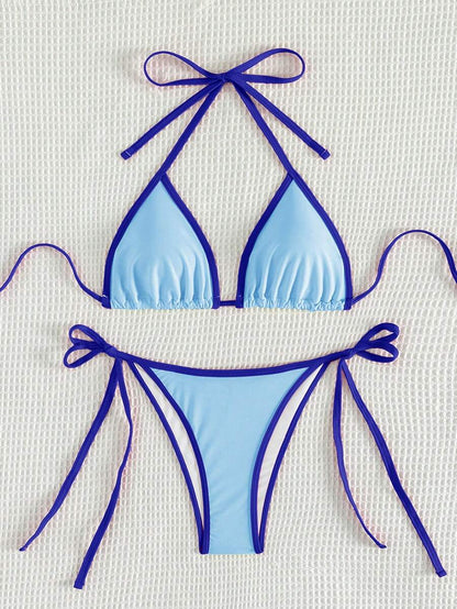 Swim Vcay Women's Summer Beach Contrast Color Halter Tie Sexy Bikini And Triangle Panty Swimwear Set Blue Bikini Yacht Party Outfit Vacation Bikini Boat Party Outfit Women Tie Side Bikini Triangle Bikini Set Light Blue Bikini