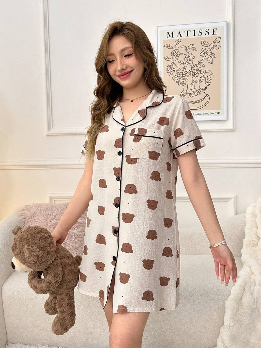 Women Bear Print Button Up Sleepwear Dress Lapel Collar Cute Nightgown Pajamas