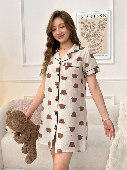 Women Bear Print Button Up Sleepwear Dress Lapel Collar Cute Nightgown Pajamas