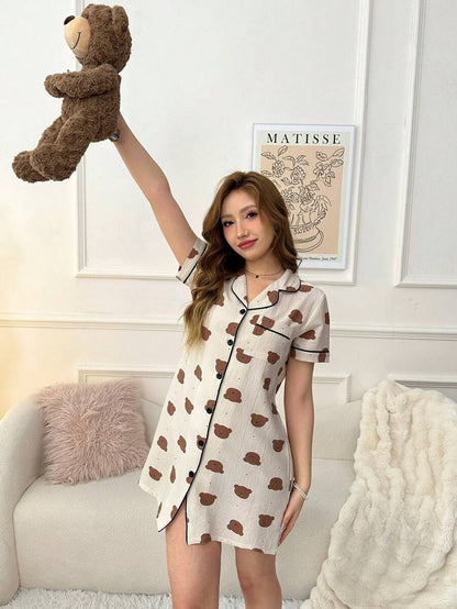 Women Bear Print Button Up Sleepwear Dress Lapel Collar Cute Nightgown Pajamas