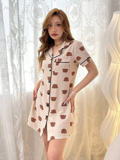 Women Bear Print Button Up Sleepwear Dress Lapel Collar Cute Nightgown Pajamas
