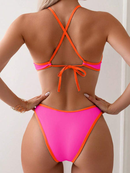 Swim Vcay Summer Beach Women Vacation Color-Block Halter Strap Bikini Set With Separated Bikini Set