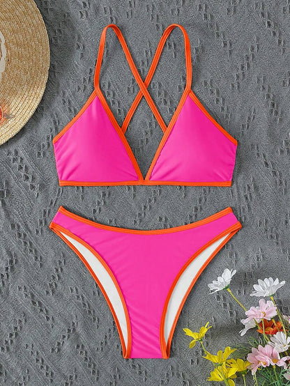 Women's Sporty Triangle Bikini Set - Contrasting Trim, Criss Cross, Spaghetti Strap, Navy Blue