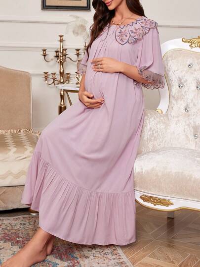 Maternity Sleep Dress - Loose Fit Wide Neckline Embroidery Lace Trim Soft, Pregnancy Nightgown