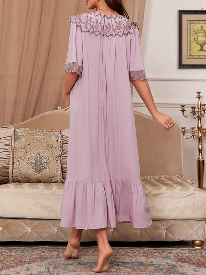 Maternity Sleep Dress - Loose Fit Wide Neckline Embroidery Lace Trim Soft, Pregnancy Nightgown