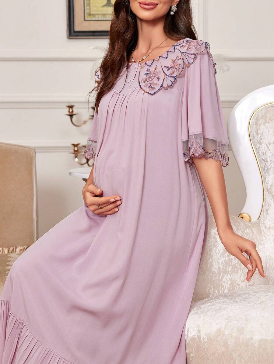 Maternity Sleep Dress - Loose Fit Wide Neckline Embroidery Lace Trim Soft, Pregnancy Nightgown
