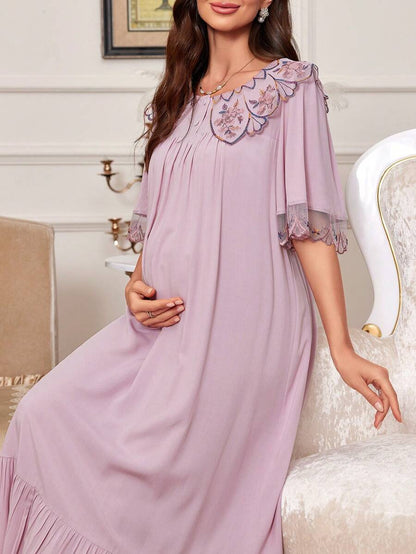 Maternity Sleep Dress - Loose Fit Wide Neckline Embroidery Lace Trim Soft, Pregnancy Nightgown