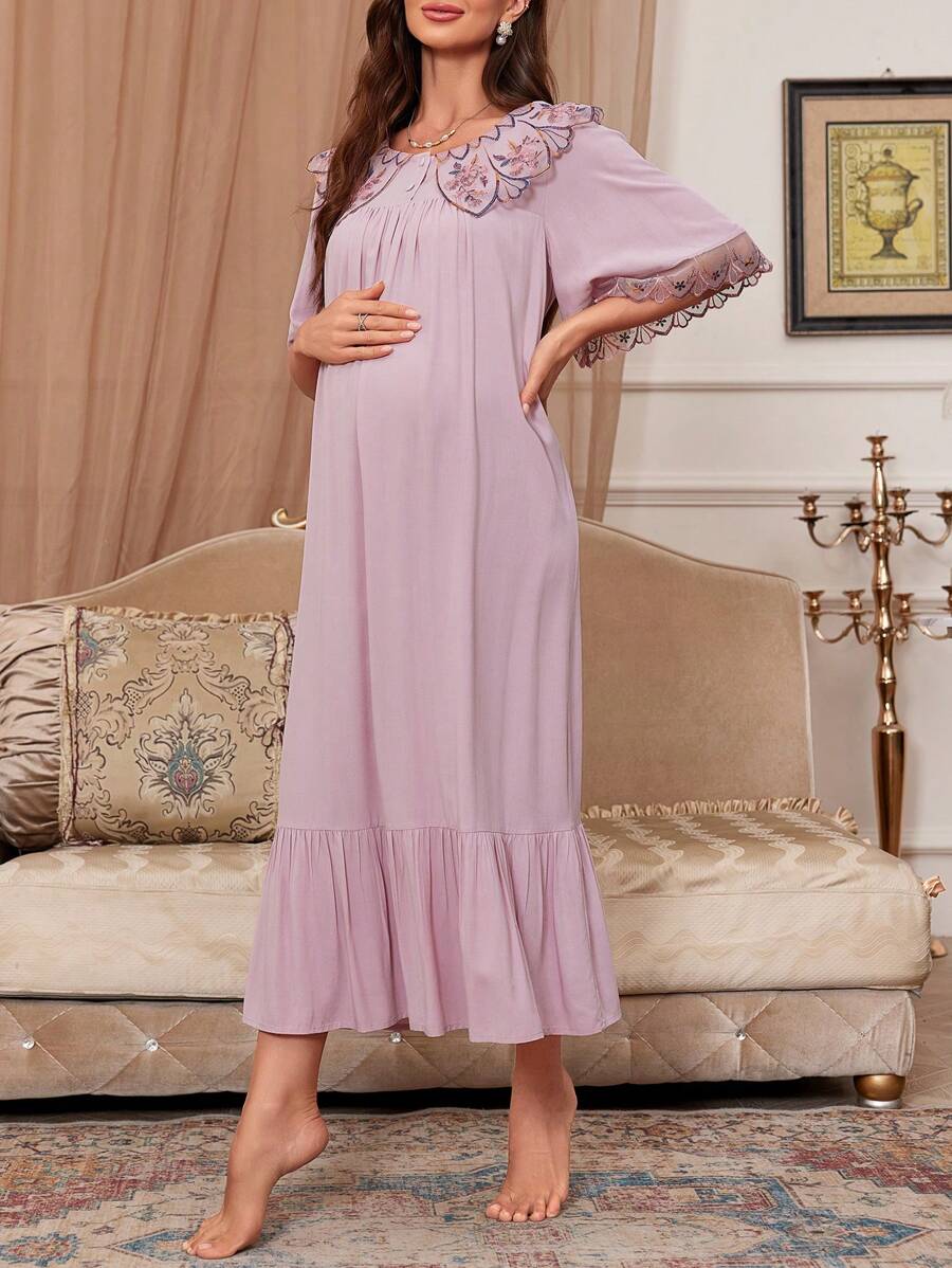 Maternity Sleep Dress - Loose Fit Wide Neckline Embroidery Lace Trim Soft, Pregnancy Nightgown