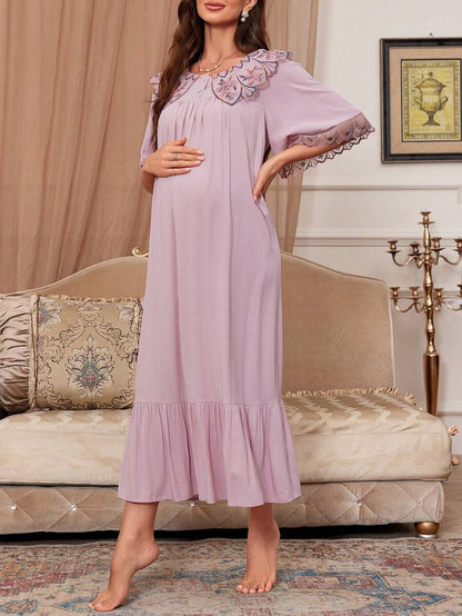 Maternity Sleep Dress - Loose Fit Wide Neckline Embroidery Lace Trim Soft, Pregnancy Nightgown