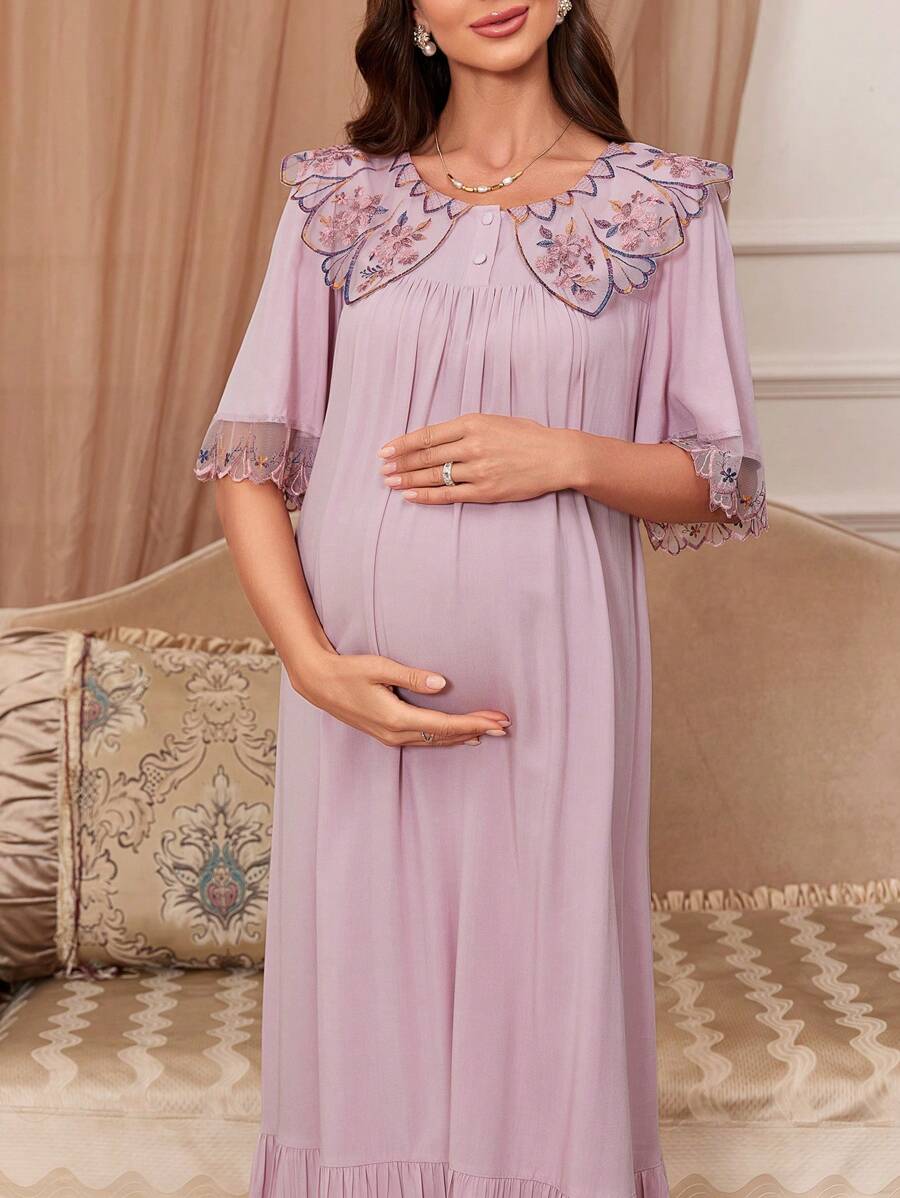 Maternity Sleep Dress - Loose Fit Wide Neckline Embroidery Lace Trim Soft, Pregnancy Nightgown