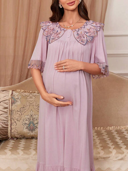 Maternity Sleep Dress - Loose Fit Wide Neckline Embroidery Lace Trim Soft, Pregnancy Nightgown