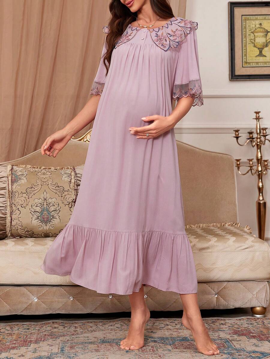 Maternity Sleep Dress - Loose Fit Wide Neckline Embroidery Lace Trim Soft, Pregnancy Nightgown