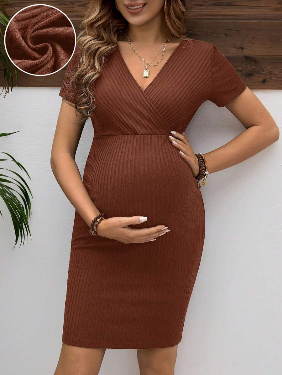 Maternity V Neck Short Sleeve Wrap Bodycon Dress Elegant High Waist Slim Fit Pencil Maternity Dress for Daily Wear