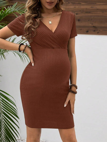 Maternity Short Sleeve V-Neck Wrap Bodycon Dress High Waist Slim Fit Burgundy Mini Pencil Dress for Daily Casual Wear
