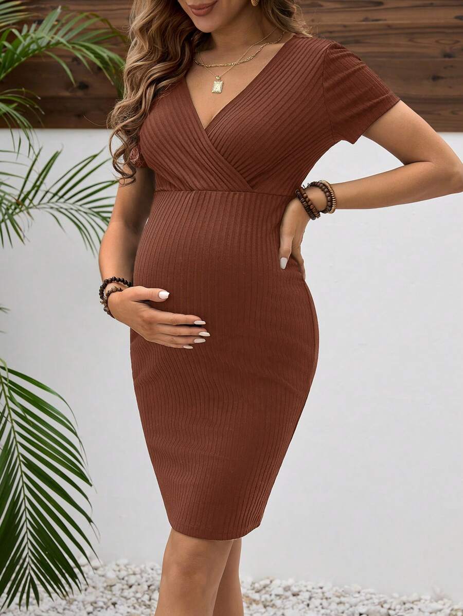 Maternity V Neck Short Sleeve Wrap Bodycon Dress Elegant High Waist Slim Fit Pencil Maternity Dress for Daily Wear