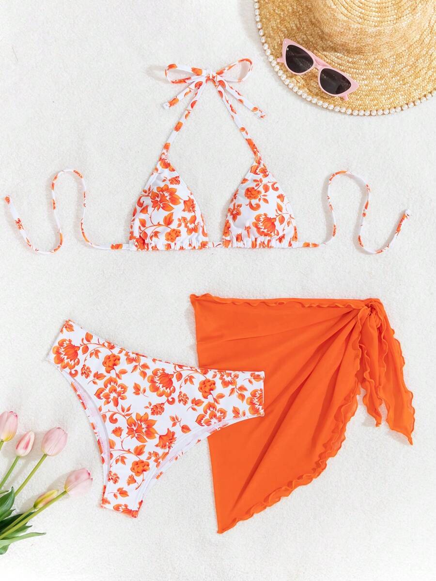 Women's 3-Piece Shell Print Bikini Set - V-Neck Halter, Triangle, Side Tie Skirt, Multicolor