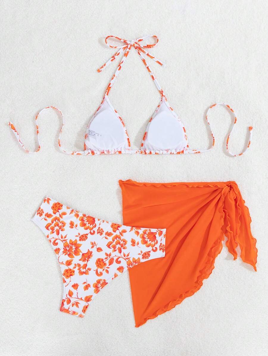 Women's 3-Piece Shell Print Bikini Set - V-Neck Halter, Triangle, Side Tie Skirt, Multicolor