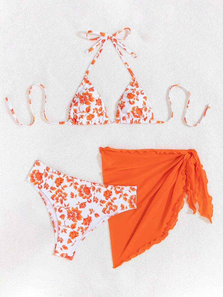 Women's 3-Piece Shell Print Bikini Set - V-Neck Halter, Triangle, Side Tie Skirt, Multicolor