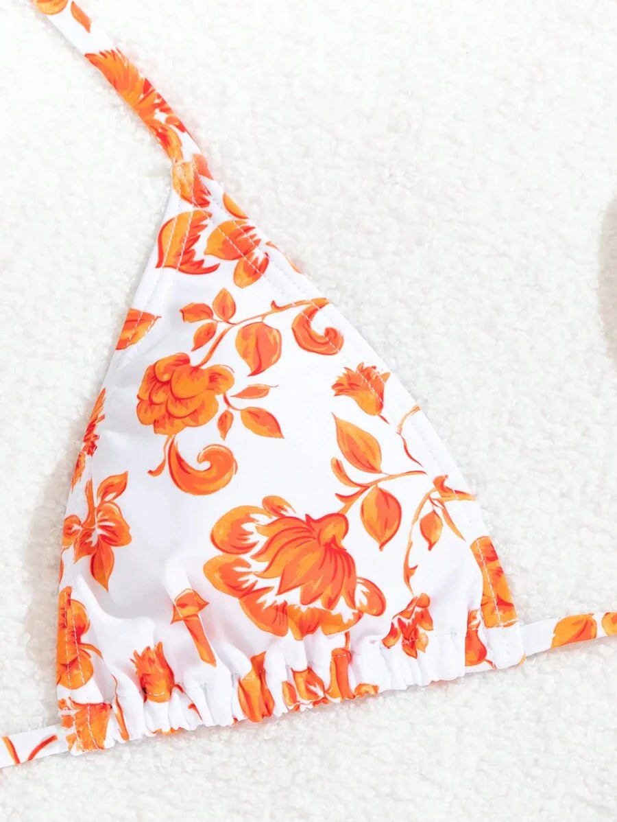Women's 3-Piece Shell Print Bikini Set - V-Neck Halter, Triangle, Side Tie Skirt, Multicolor
