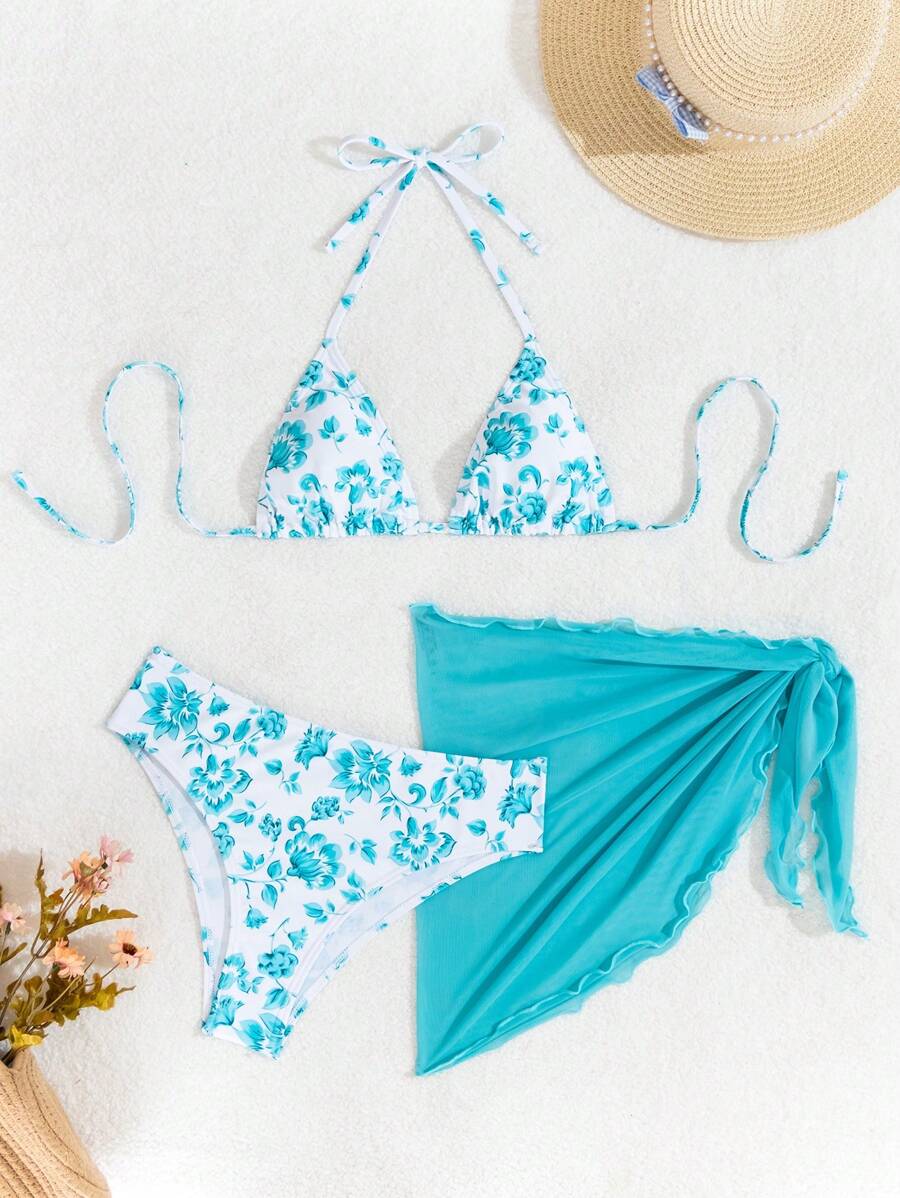 Women's 3-Piece Shell Print Bikini Set - V-Neck Halter, Triangle, Side Tie Skirt, Multicolor