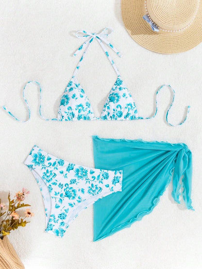 Women's 3-Piece Shell Print Bikini Set - V-Neck Halter, Triangle, Side Tie Skirt, Multicolor