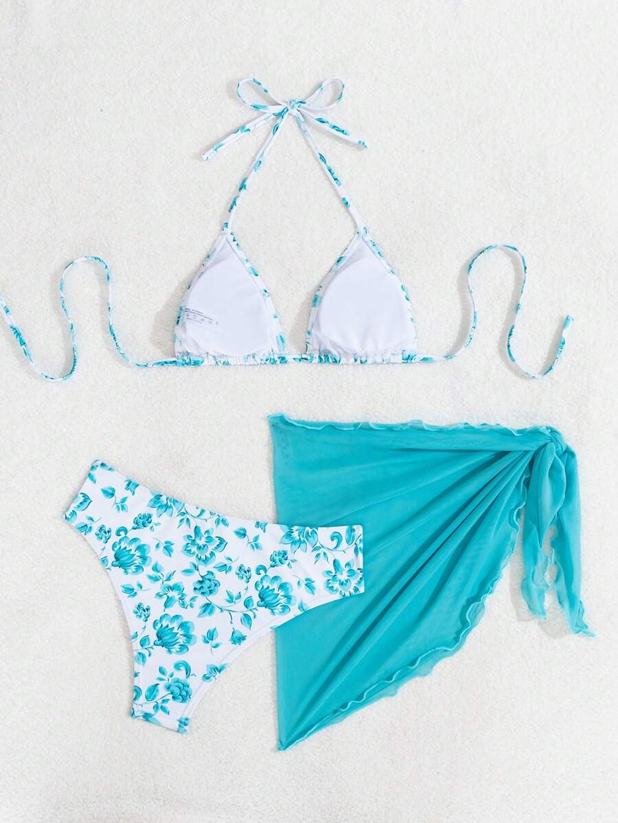 Women's 3-Piece Shell Print Bikini Set - V-Neck Halter, Triangle, Side Tie Skirt, Multicolor