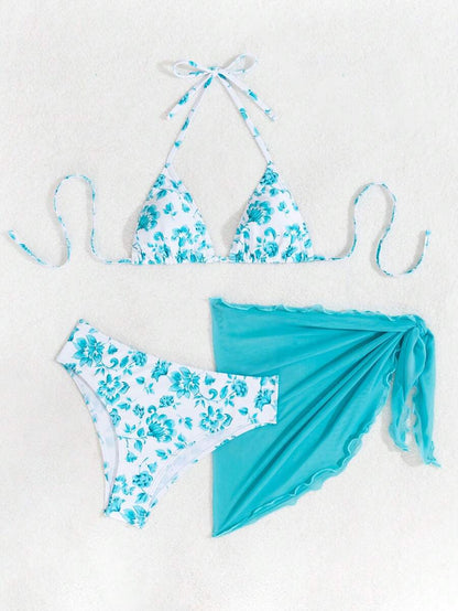 Women's 3-Piece Shell Print Bikini Set - V-Neck Halter, Triangle, Side Tie Skirt, Multicolor