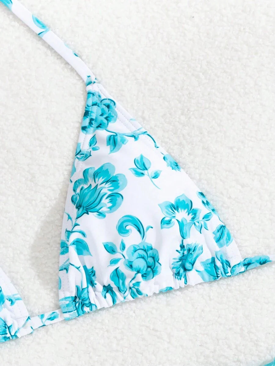 Women's 3-Piece Shell Print Bikini Set - V-Neck Halter, Triangle, Side Tie Skirt, Multicolor
