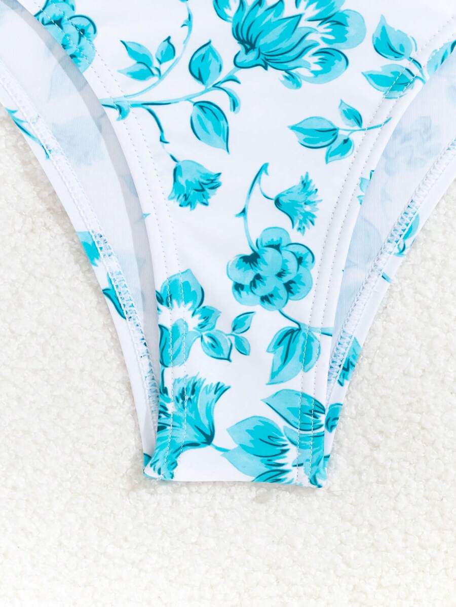 Women's 3-Piece Shell Print Bikini Set - V-Neck Halter, Triangle, Side Tie Skirt, Multicolor