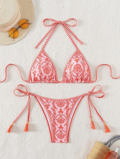 Swim Vcay Women's Summer Vacation Beach Paisley Print Halter Neck Bikini Set
