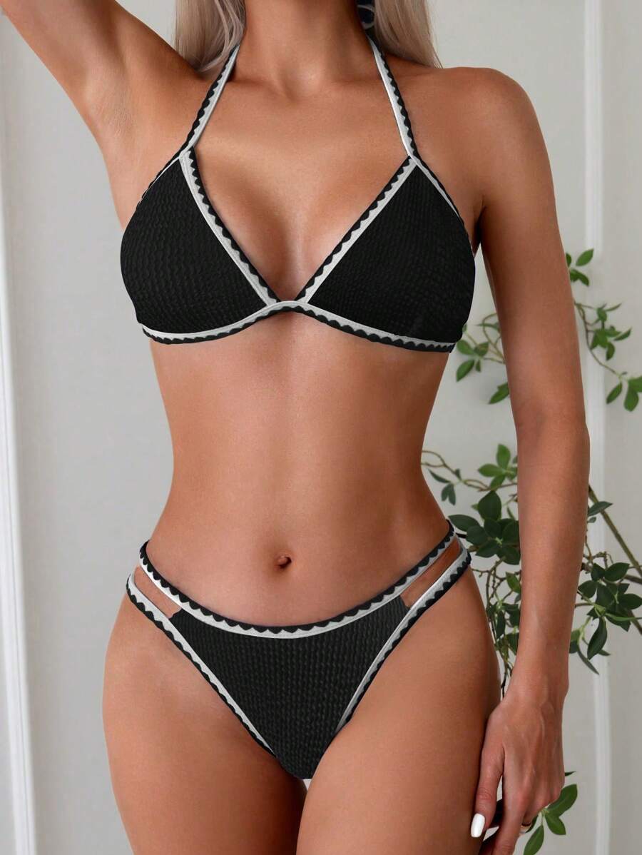 Women's Whip Stitch Halter Triangle Bikini Set - Backless, High Waist, Colorblock, White