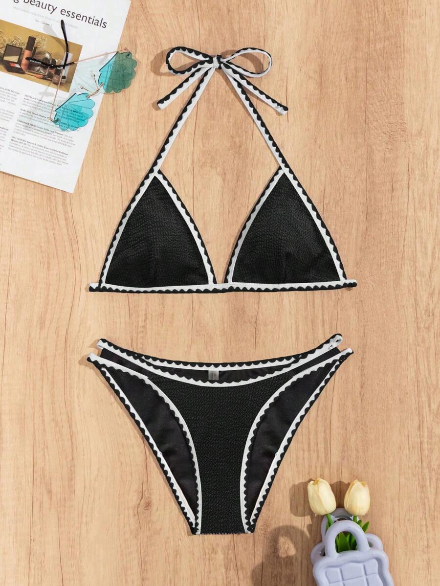 Women's Whip Stitch Halter Triangle Bikini Set - Backless, High Waist, Colorblock, White