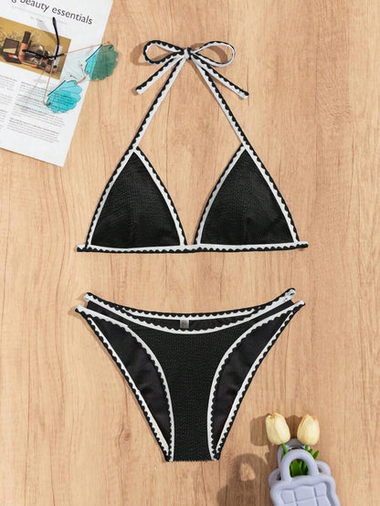 Women's Whip Stitch Halter Triangle Bikini Set - Backless, High Waist, Colorblock, White