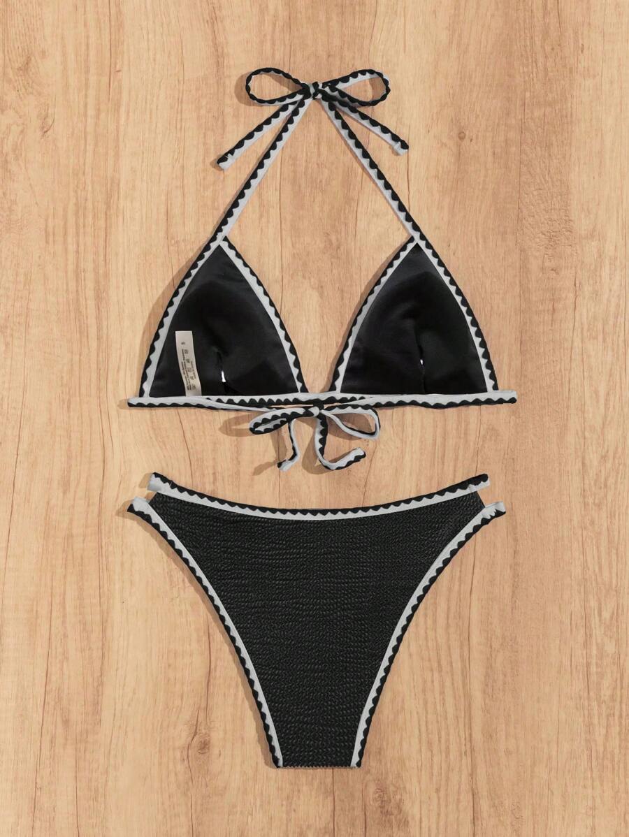Women's Whip Stitch Halter Triangle Bikini Set - Backless, High Waist, Colorblock, White
