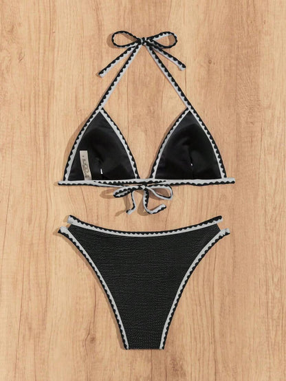 Women's Whip Stitch Halter Triangle Bikini Set - Backless, High Waist, Colorblock, White