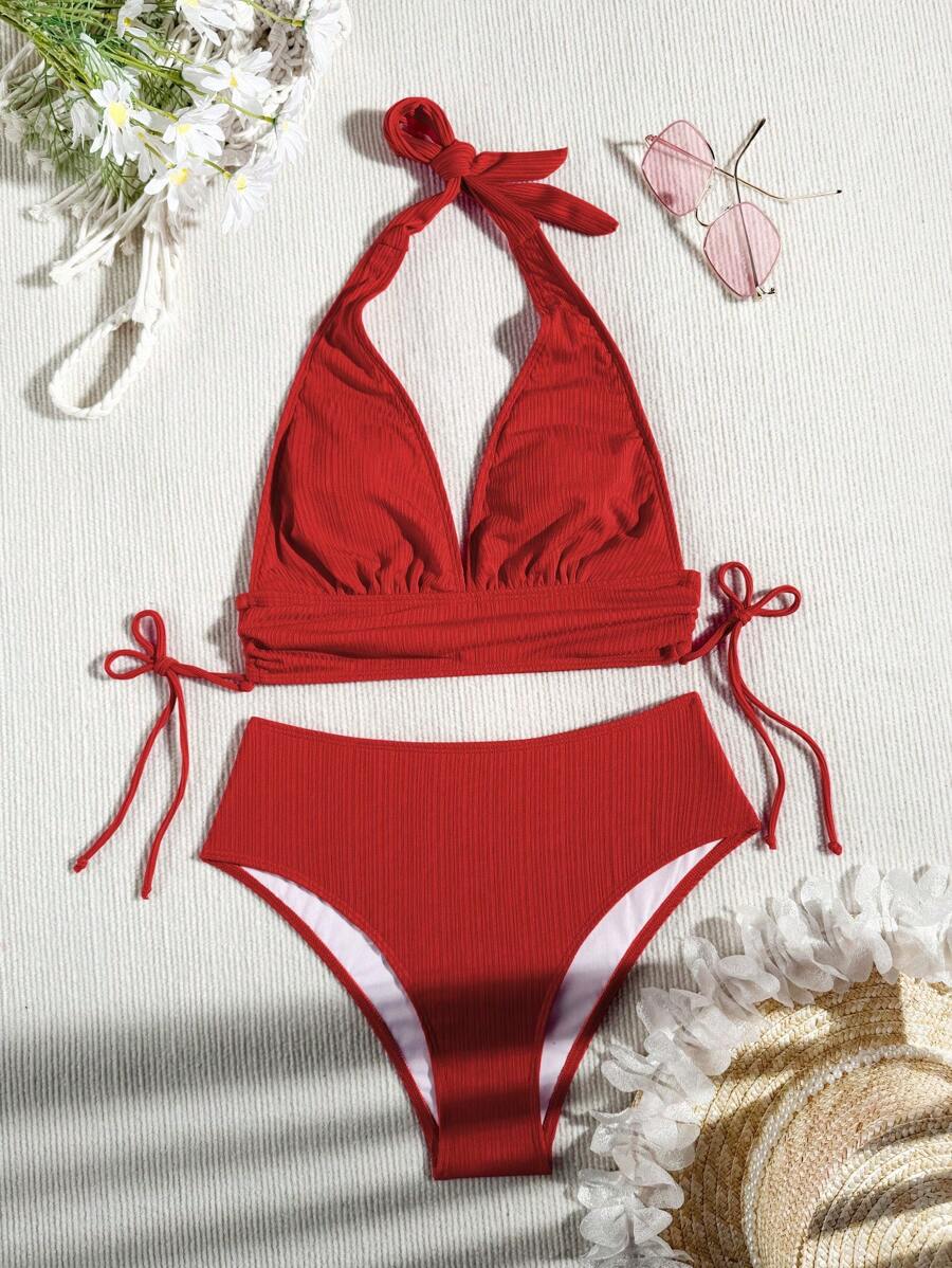 Swim Vcay Bathing Suits Women Women Solid Color Textured Drawstring Halter Top And Swim Bottom Bikini Set Bathing Suit, For Summer, Beach, Honeymoon, Travel, Vacation, Swimming Pool Summer Beach