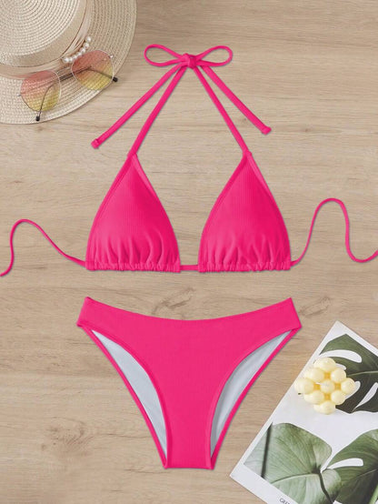 Swim Mod Women's Pink Polka Dot Print Halter Neck Low Waist Triangle Bikini Set, Summer Sexy Spring