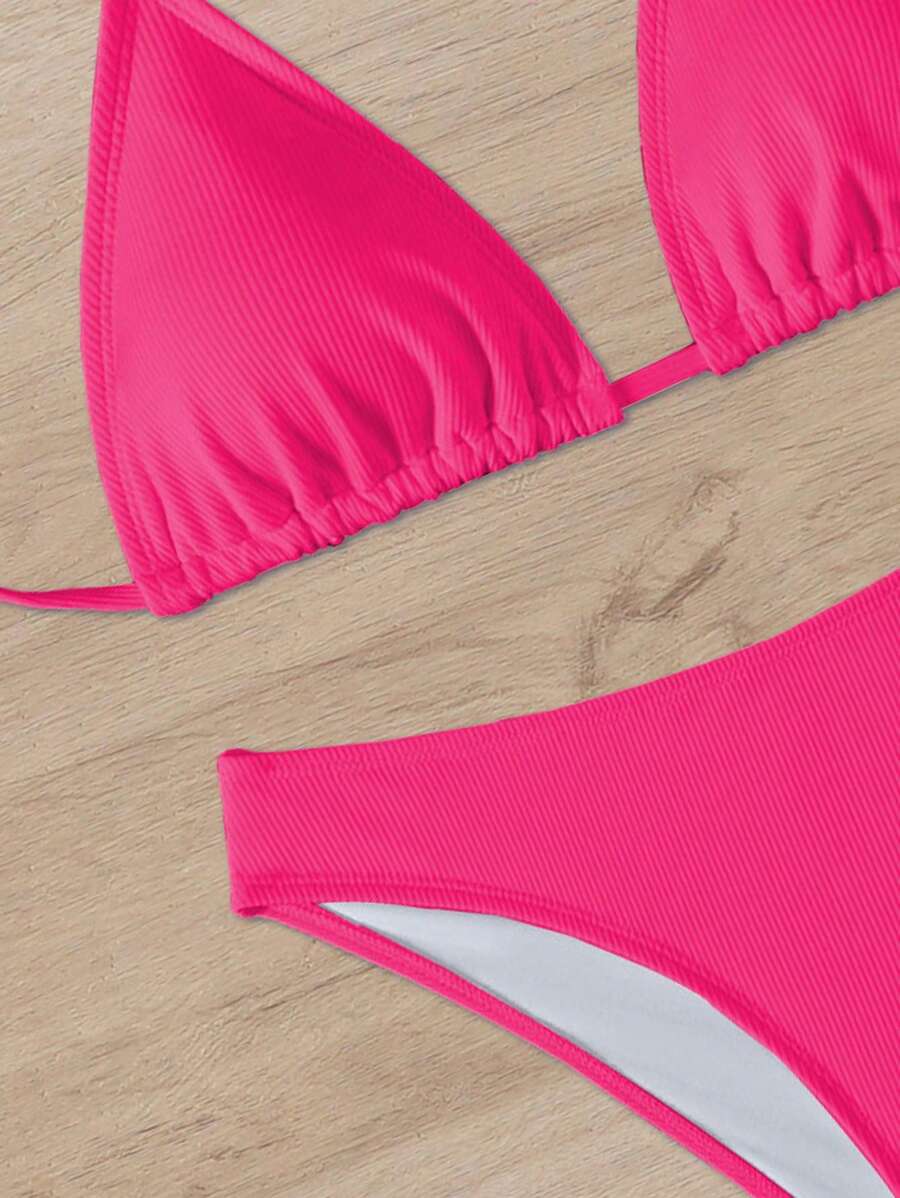 Swim Mod Women's Pink Polka Dot Print Halter Neck Low Waist Triangle Bikini Set, Summer Sexy Spring