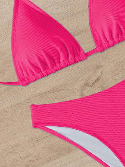 Swim Mod Women's Pink Polka Dot Print Halter Neck Low Waist Triangle Bikini Set, Summer Sexy Spring