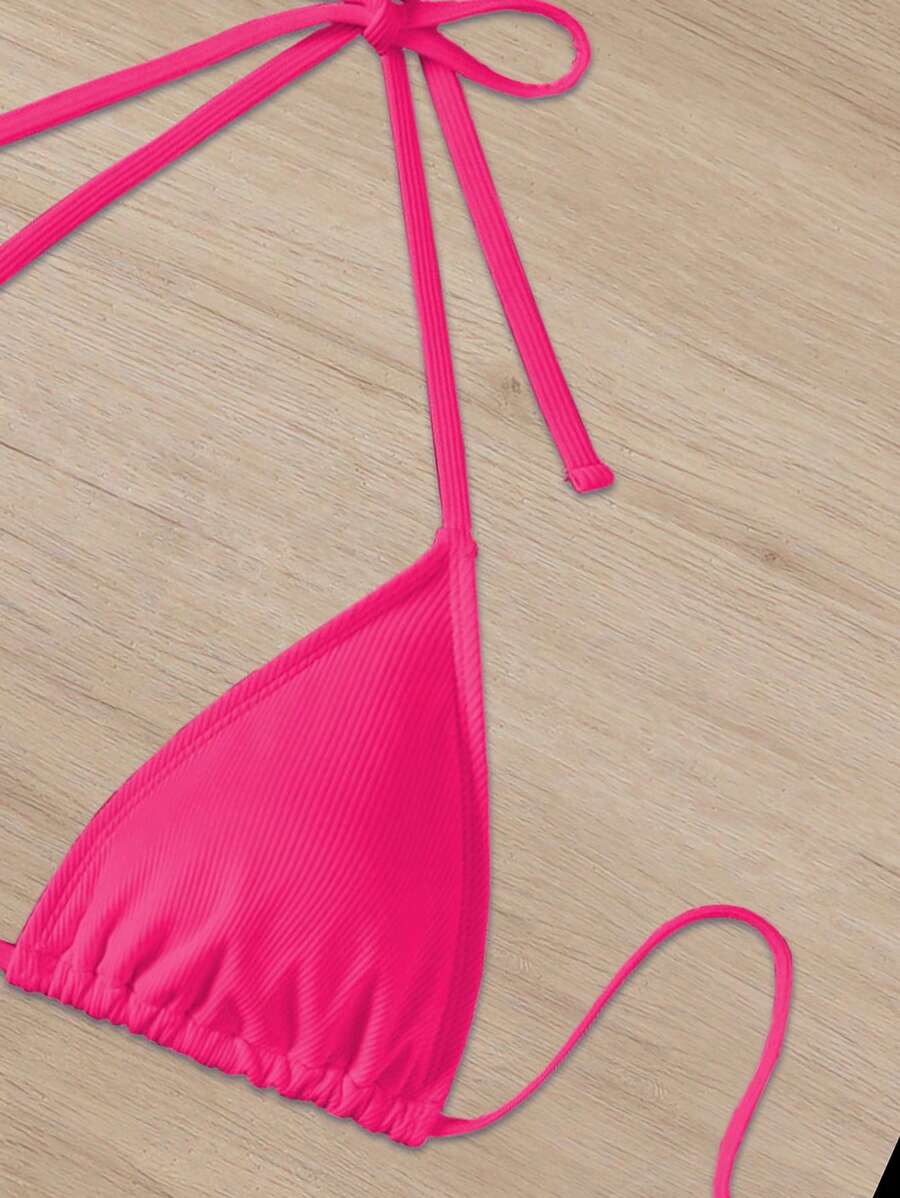 Swim Mod Women's Pink Polka Dot Print Halter Neck Low Waist Triangle Bikini Set, Summer Sexy Spring