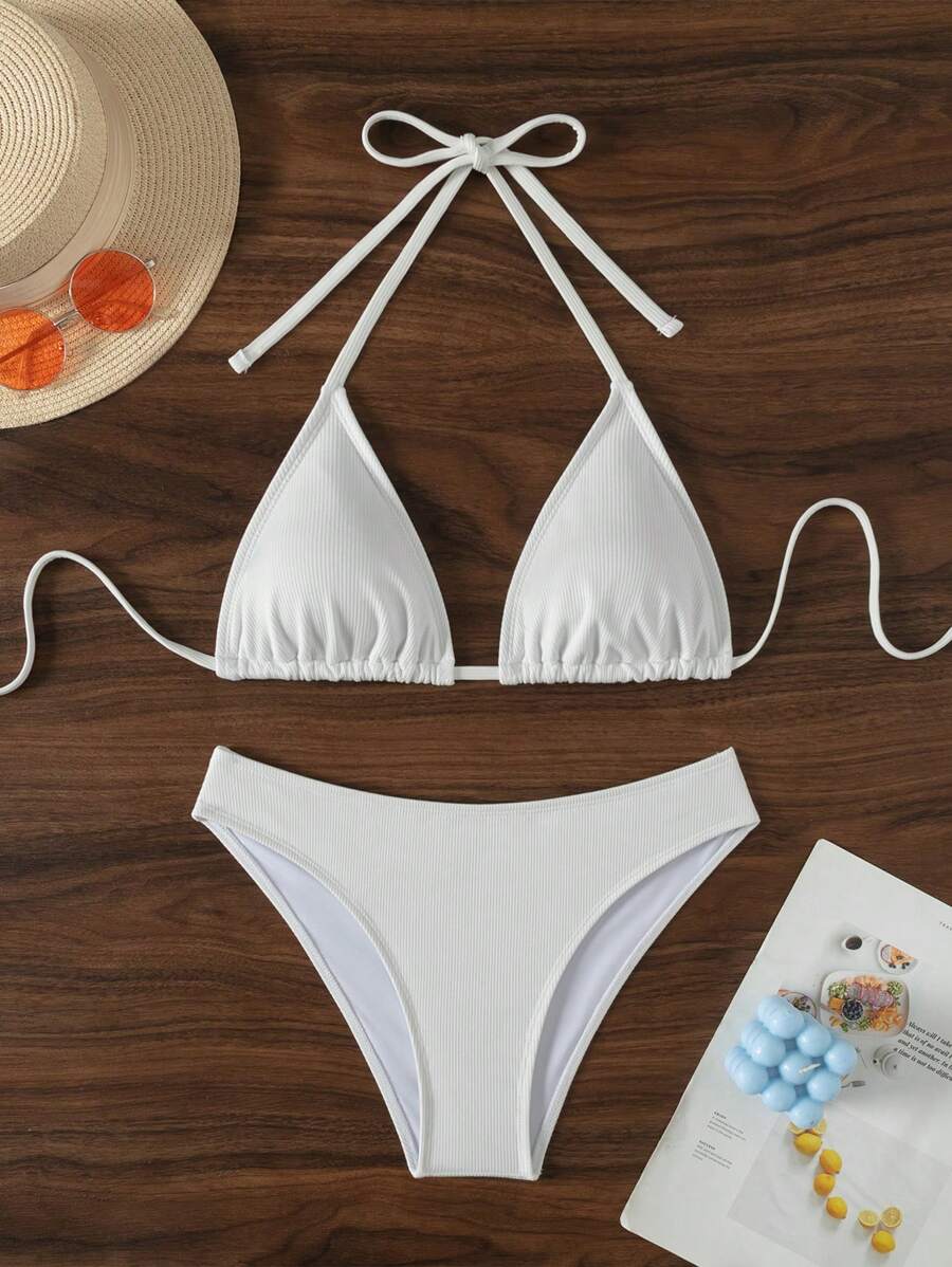 Swim Mod Women's Pink Polka Dot Print Halter Neck Low Waist Triangle Bikini Set, Summer Sexy Spring