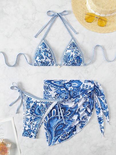 Women's 3-Piece Floral Halter Bikini Set - Skirt Bottom, Backless, High Waist, Blue and White
