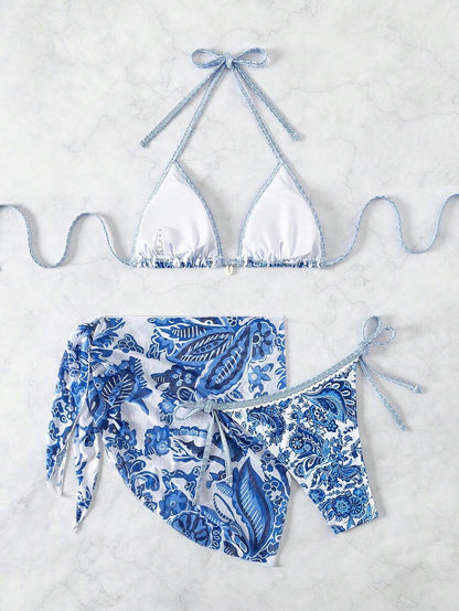 Swim Vcay Women Summer Vacation Floral Print Halter Bikini Set With Coverup & Skirt 3-Piece, Random Print