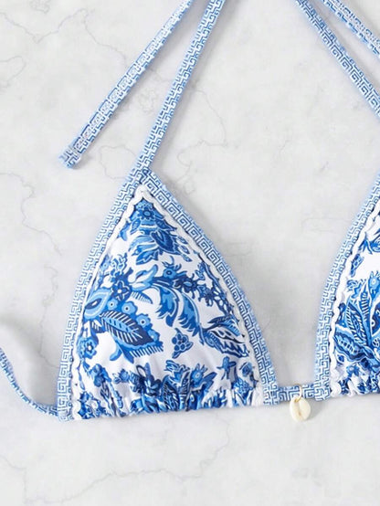 Women's 3-Piece Floral Halter Bikini Set - Skirt Bottom, Backless, High Waist, Blue and White